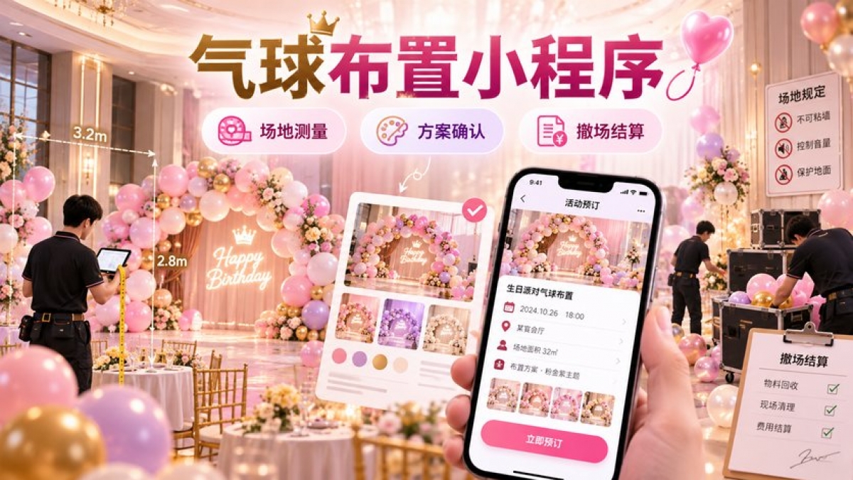 生日气球布置小程序怎么做？场地测量、方案确认、进场限制和撤场结算如何安排