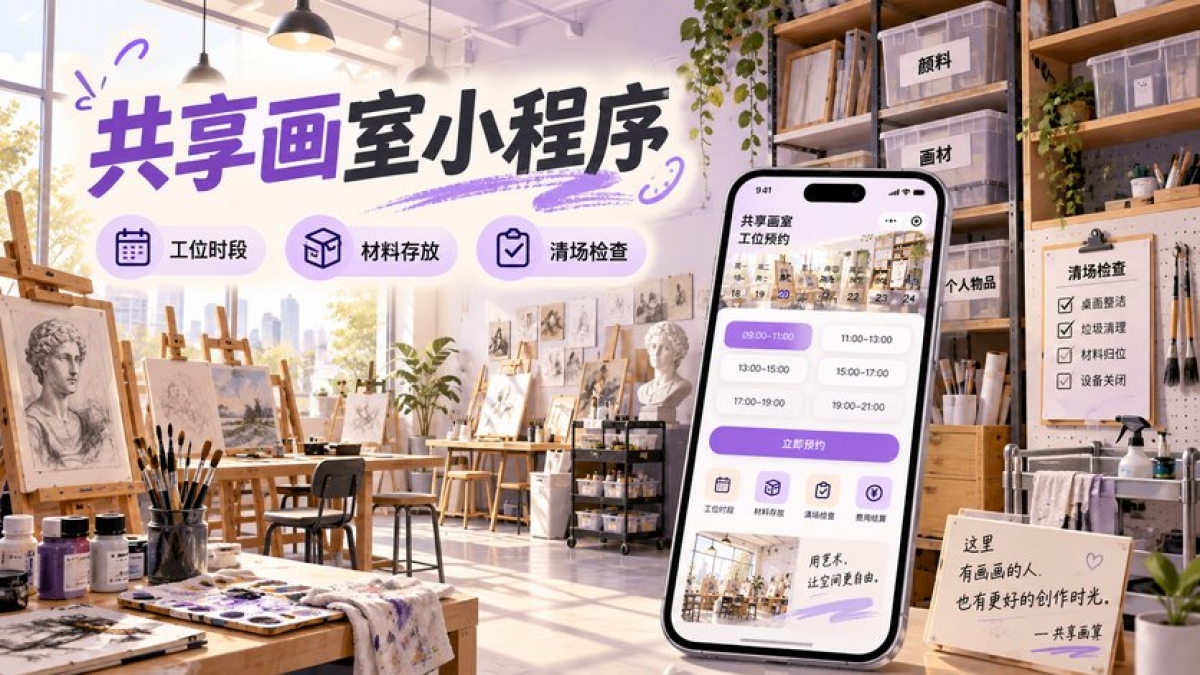 共享画室工位小程序怎么做？画架时段、材料存放、清场检查和费用如何设计