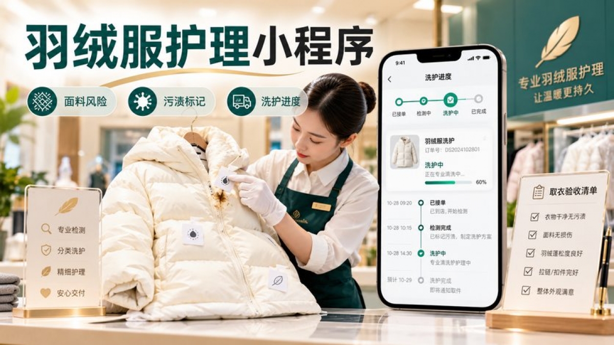 羽绒服护理门店小程序怎么做？面料风险、污渍标记、洗护进度和取衣验收如何管理