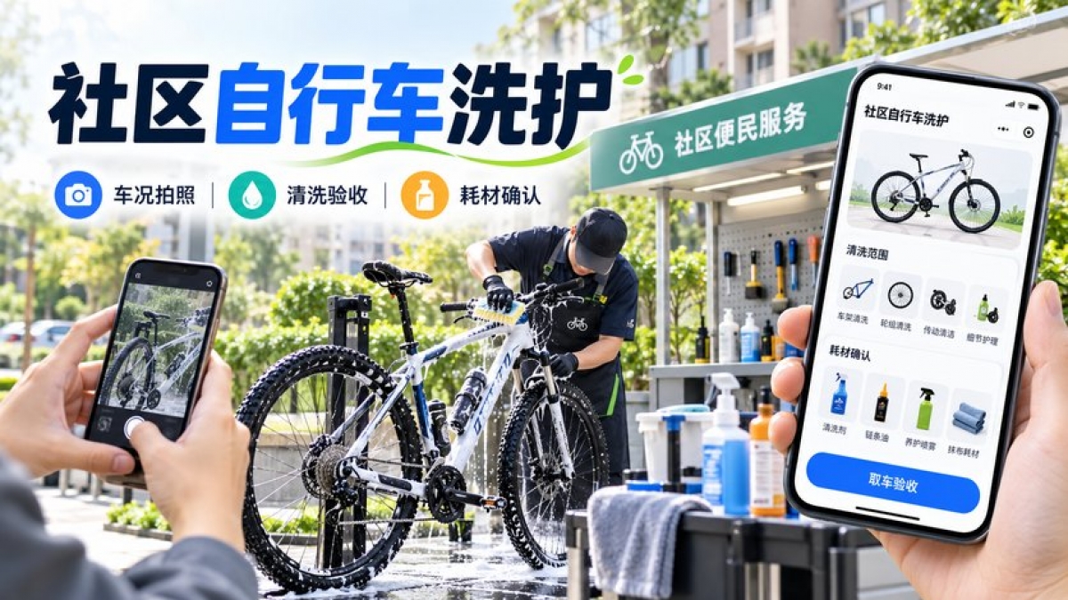 社区自行车洗护小程序怎么做？车况拍照、清洗范围、耗材确认和取车验收如何管理
