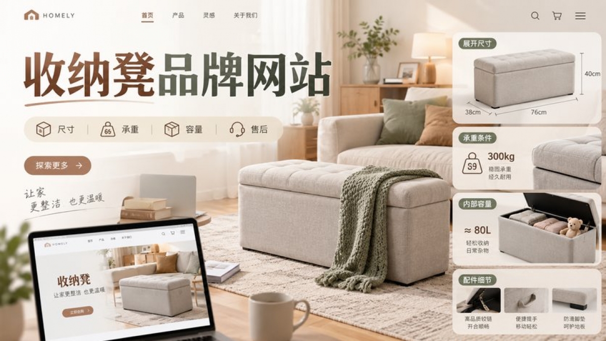 家用收纳凳品牌网站怎么建设？展开尺寸、承重条件、内部容量和配件售后如何说明