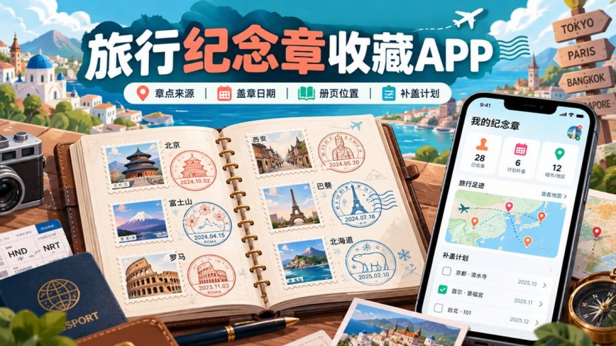 个人旅行纪念章收藏APP怎么做？章点来源、盖章日期、册页位置和补盖计划如何设计