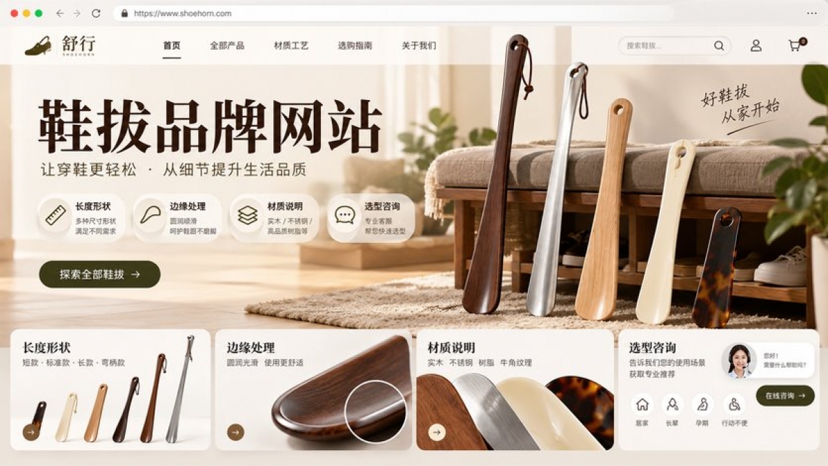 家用鞋拔品牌网站怎么建设？长度形状、边缘处理、材质说明和选型咨询如何组织