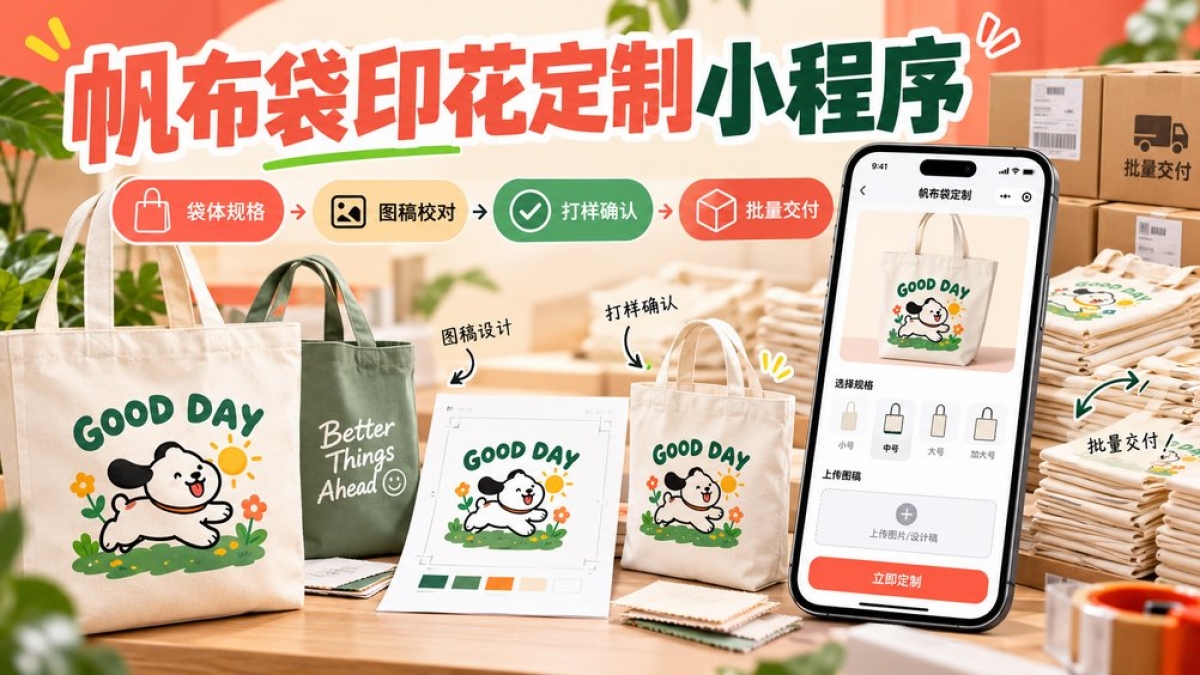 帆布袋印花定制小程序怎么做？袋体规格、图稿校对、打样确认和批量交付如何设计