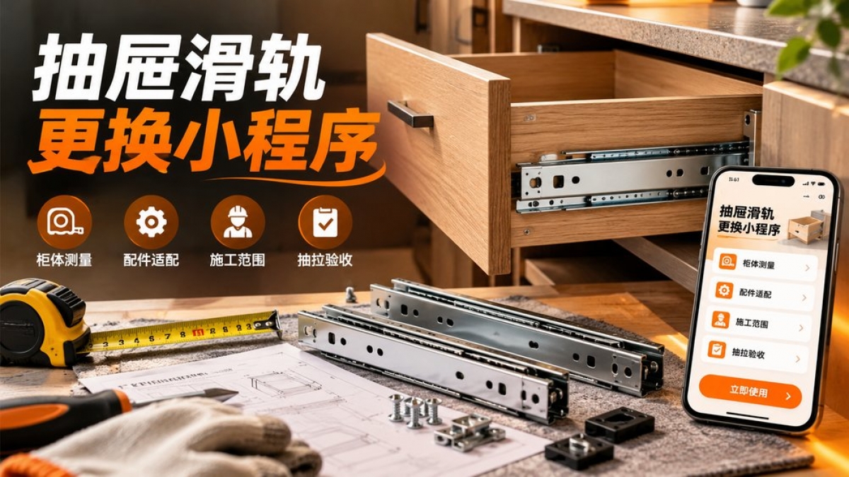 家用抽屉滑轨更换小程序怎么做？柜体测量、配件适配、施工范围和抽拉验收如何管理