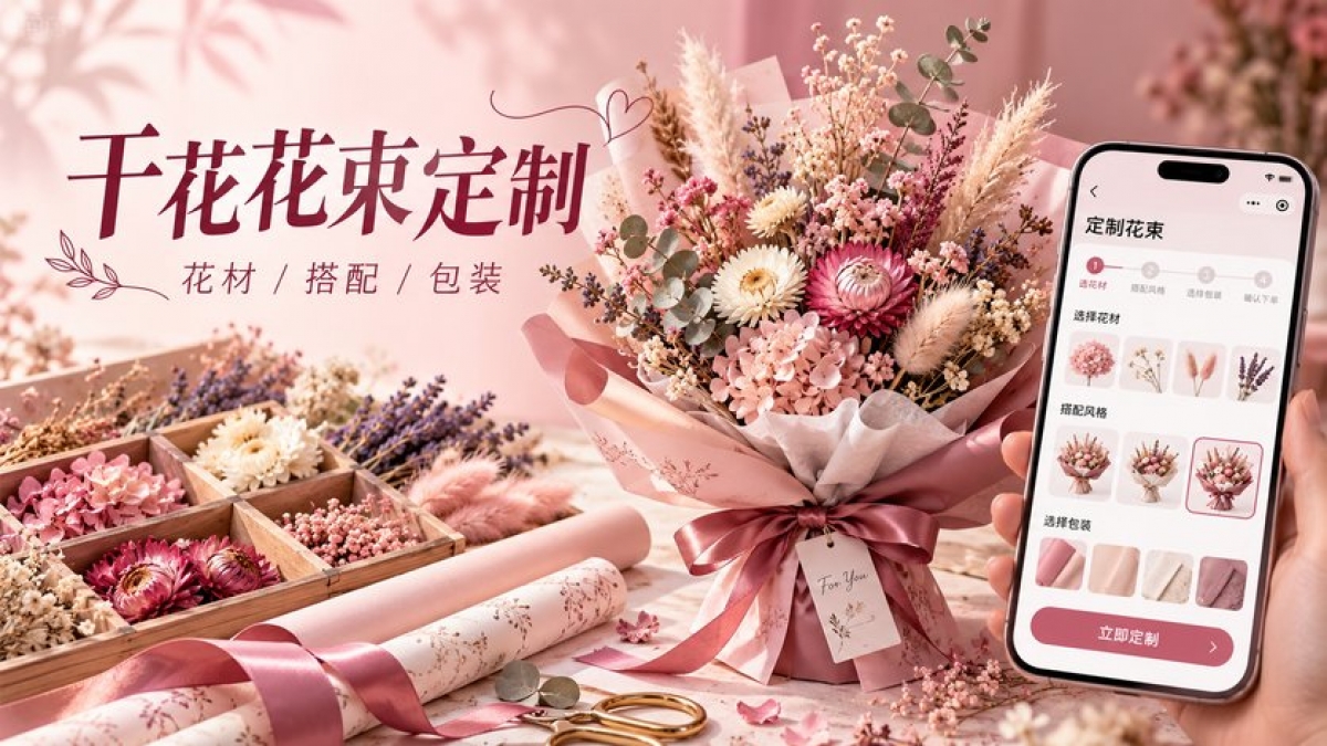 干花花束定制小程序怎么做？花材样片、组合比例、包装校对和交付说明如何设计