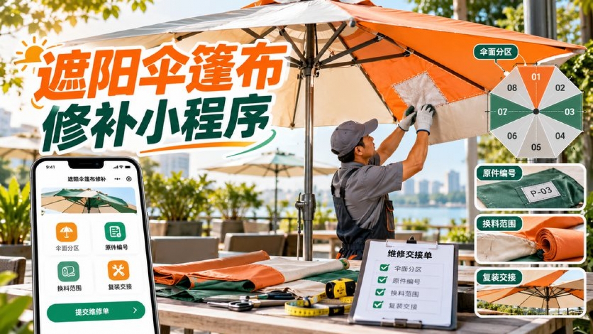 户外遮阳伞篷布修补小程序怎么做？伞面分区、原件编号、换料范围和复装交接如何管理