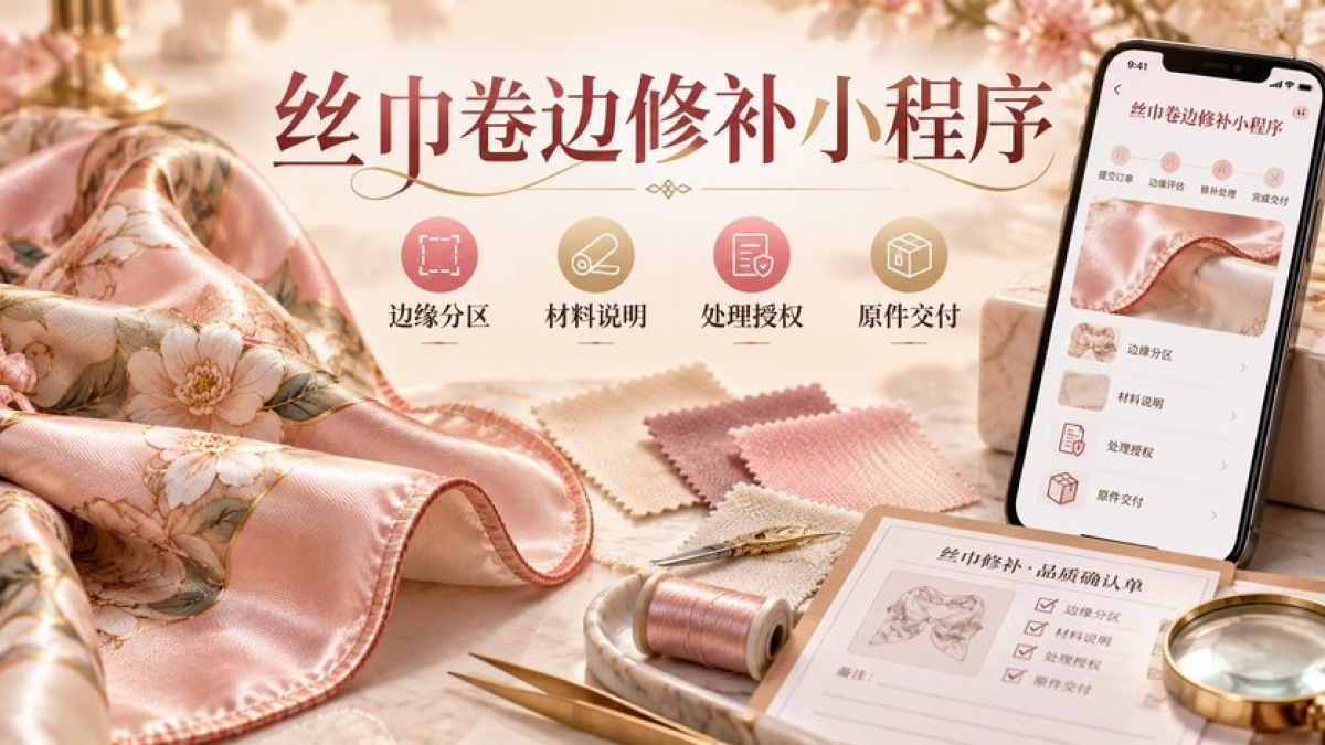 丝巾卷边修补小程序怎么做？边缘分区、材料说明、处理授权和原件交付如何设计