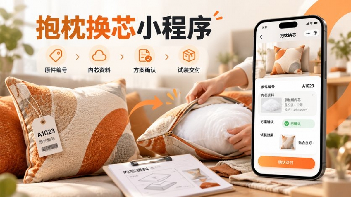 抱枕换芯服务小程序怎么做？原件编号、内芯资料、方案确认和试装交付如何设计
