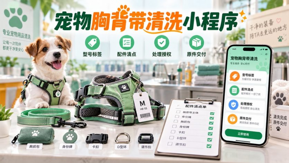 宠物胸背带清洗小程序怎么做？型号标签、配件清点、处理授权和原件交付如何管理