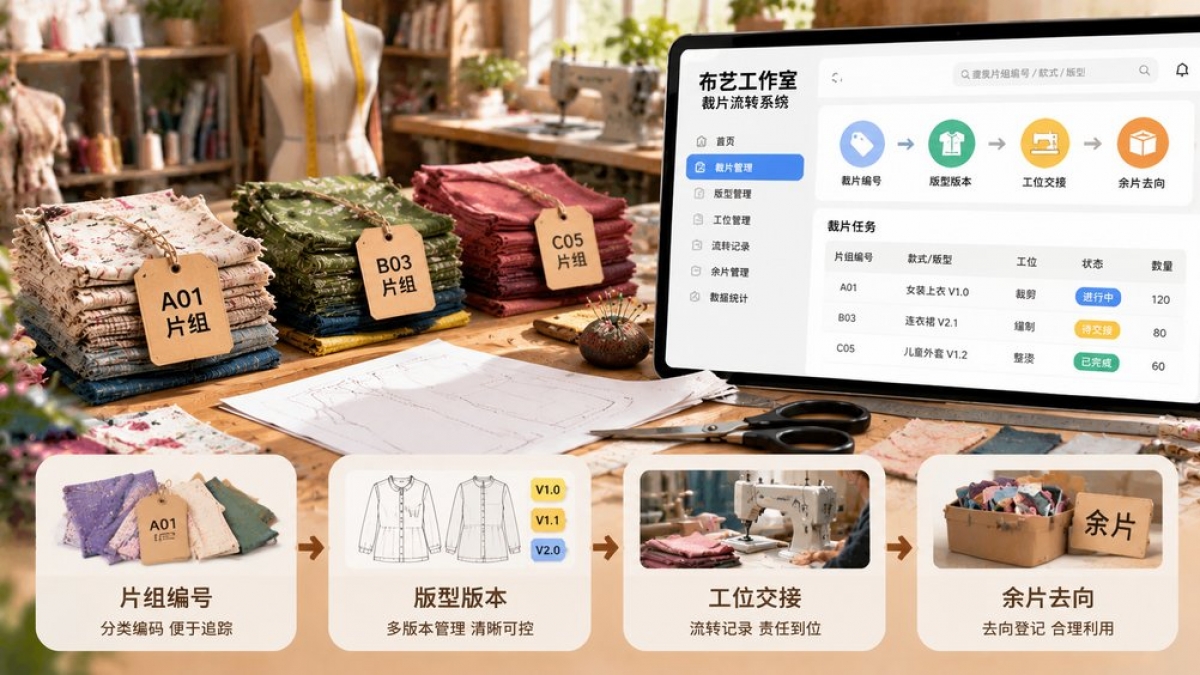 商业布艺工作室裁片流转系统怎么做？片组编号、版型版本、工位交接和余片去向如何管理