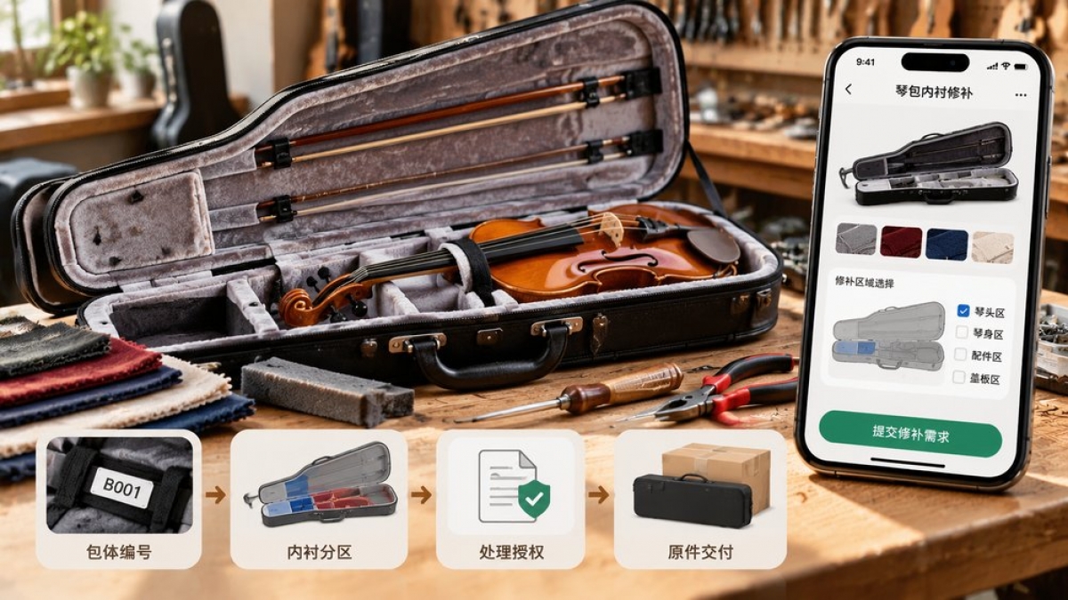 乐器琴包内衬修补小程序怎么做？包体编号、内衬分区、处理授权和原件交付如何管理