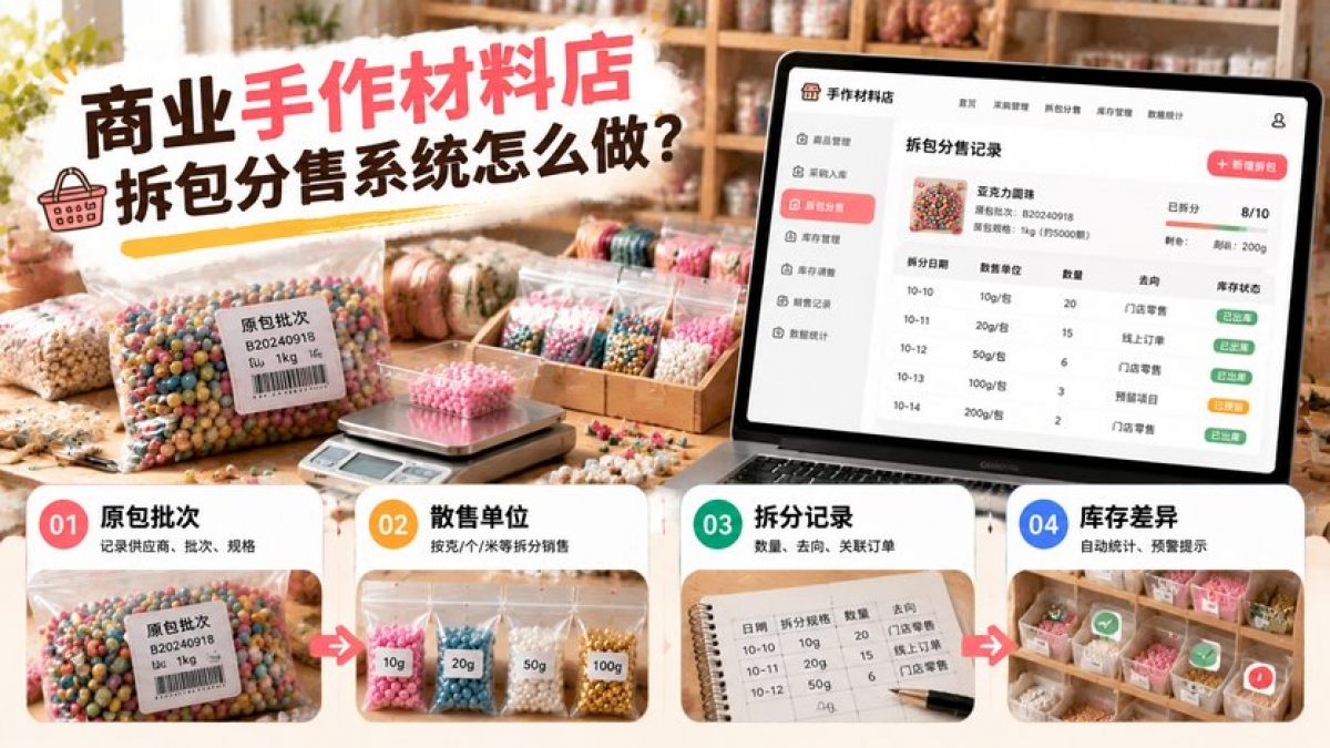 商业手作材料店拆包分售系统怎么做？原包批次、散售单位、拆分记录和库存差异如何管理