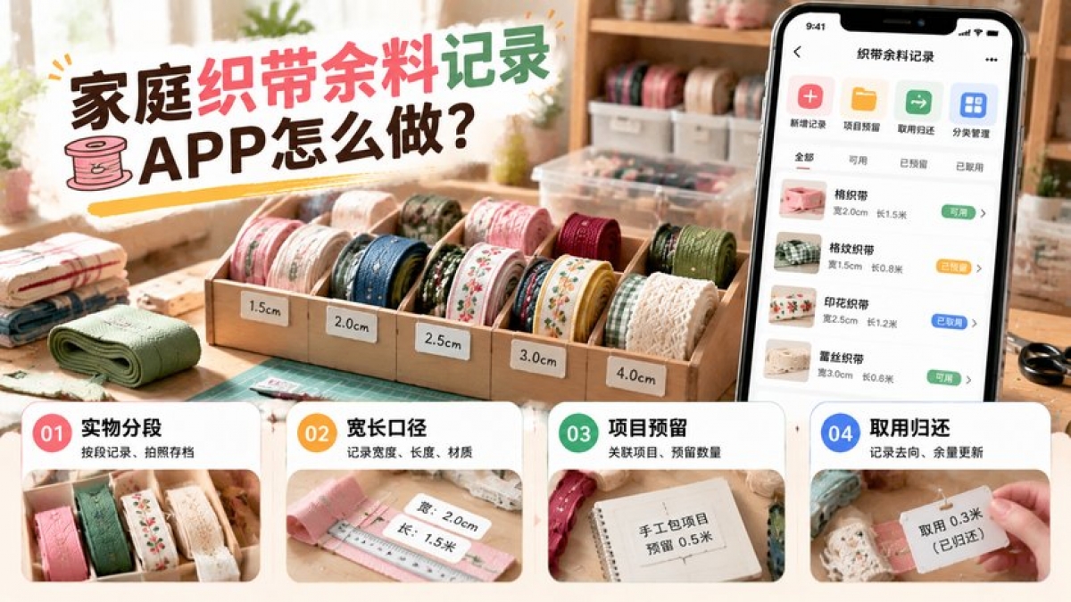 家庭织带余料记录APP怎么做？实物分段、宽长口径、项目预留和取用归还如何设计