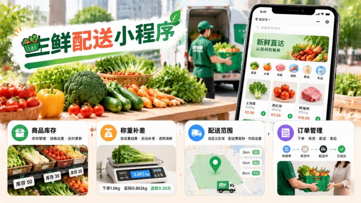 生鲜配送小程序开发怎么做？商品库存、称重补差和配送范围如何设计