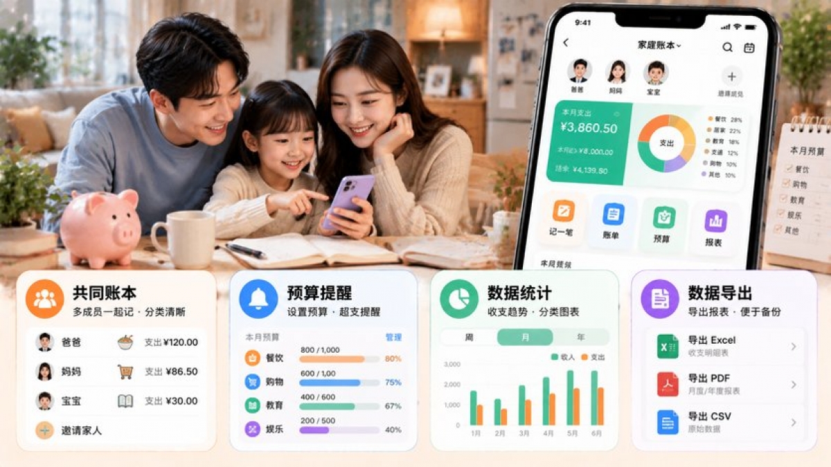 家庭记账APP开发有哪些功能？共同账本、预算提醒和数据导出如何设计