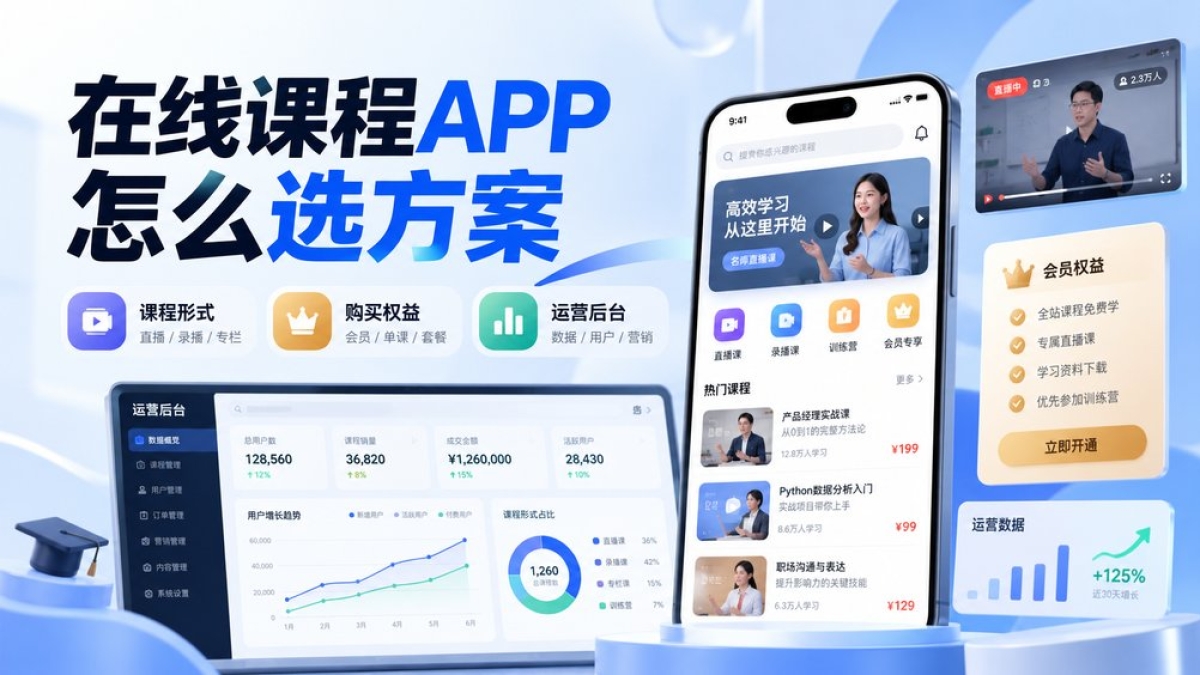 在线课程APP怎么选方案？课程形式、购买权益和运营后台要比较什么