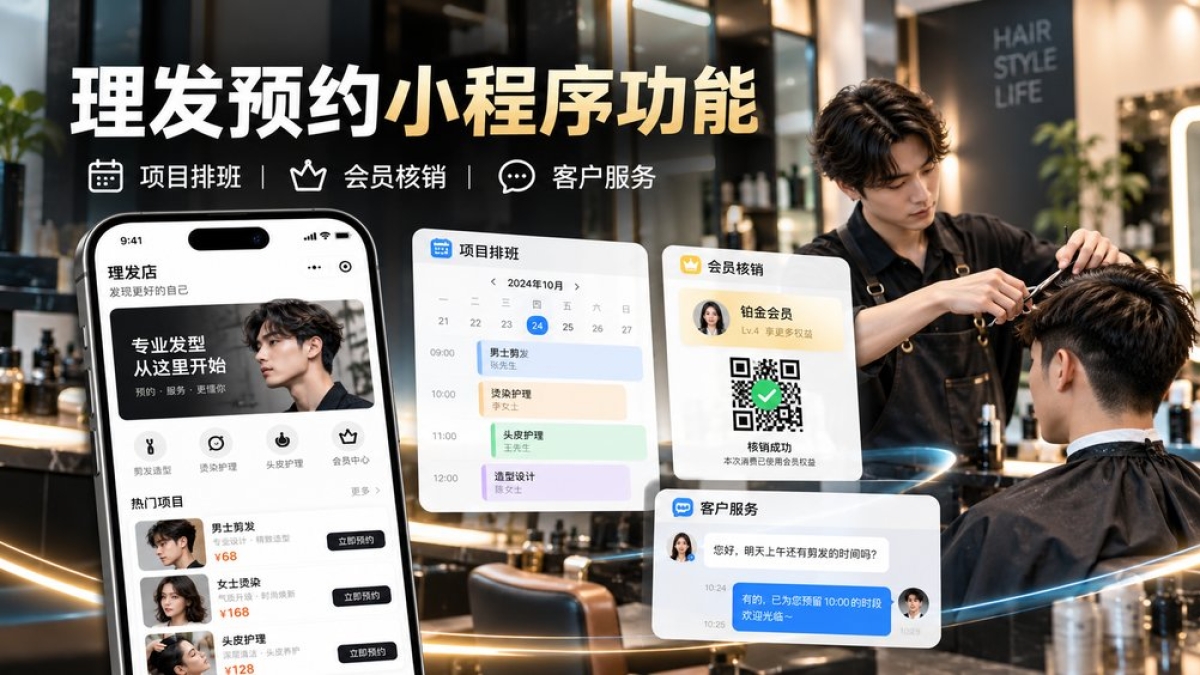 理发店预约小程序需要哪些功能？项目排班、会员核销和客户服务怎么衔接